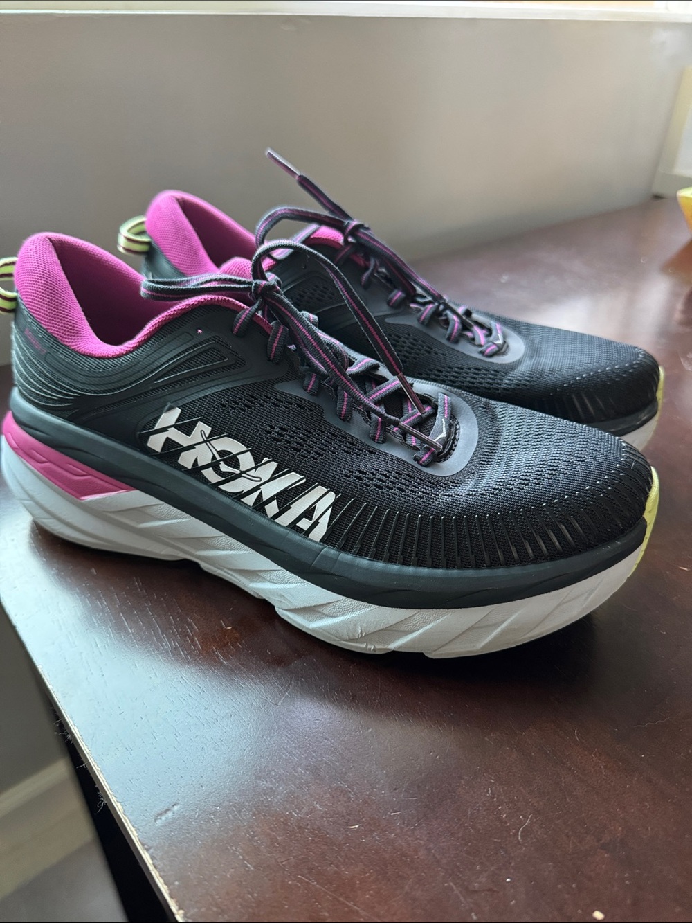 Hoka Women's Bondi 7 Black with Pink & White Cushioned Running Walking Shoes